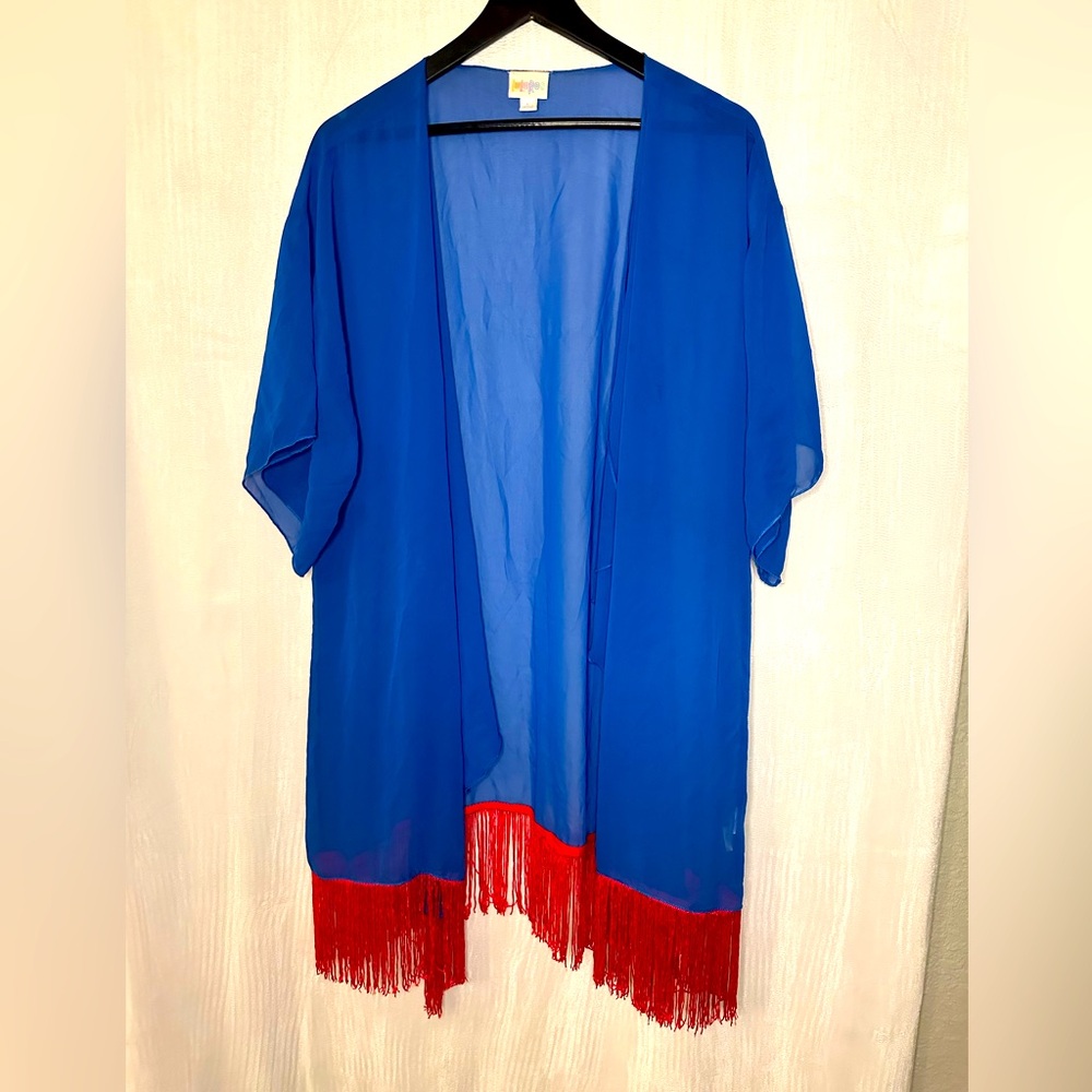 Lularoe Monroe kimono  large womens - fringe - blue- red- sheer preloved